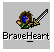 Pixel art buddy icon featuring a character with brown hair, blue face, green outfit, and sword on gray background with "BraveHeart" text below.