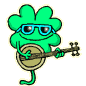 Green four-leaf clover character with blue sunglasses plays a banjo, standing on one leg against gray background.