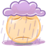 Animated icon shows a round yellow figure with closed eyes and downturned mouth under purple cloud, rain falling from cloud to ground puddle.