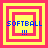 Four square display a pixelated 'SOFTBALL' text with three blue exclamation marks below, each featuring nested pink and yellow borders in varying configurations