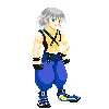 Pixel art character with gray hair, yellow sleeveless top, blue pants, and black straps in multiple poses against a solid background.