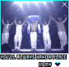 Six- of animated stage performance with figures in white pants and light tops under bright lights, text below reads "YOU'LL ALWAYS HAVE A PLACE IN MY" with a blue heart