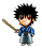 Pixelated character with spiky black hair, blue patterned top, and light blue pants holding a brown sword-like object against gray background.
