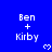Blue background with repeated white text "Ben + Kirby" and pixelated hearts, partially cropped at bottom right.