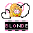 Pixelated icon with a golden circular object surrounded by pink and black heart outlines, below which is a black rectangle with 'BLONDE' text in pink and white pixels.