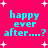 Bright pink background with white starbursts and cyan text reading "happy ever after....?" in four identical quadrants.
