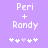 Pixelated text 'Peri + Randy' on purple background with five white symbols below, two versions differ in symbol color sequence.