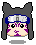 Pixel art character with dark gray hair, blue headband, purple facial markings, and a small mouth on light skin.