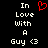 Static pixel art displays 'In Love With A Guy <3' text with a red heart symbol above the word 'Love', all on black background.