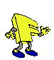 Yellow F-shaped character with gray limbs and blue feet in multiple poses against gray background.