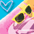 Pixelated beach scene with pink towel, yellow sunglasses, heart outline on blue sky, and orange text reading 'SUMMER' over sand and water.