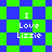 Pixelated green and blue checkered background with white text "I Love Lizzie" in four identical quadrants.