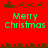 Red background with green 'Merry Christmas' text and brown pixelated Santa sleighs, reindeer, and cityscape elements.