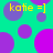 A static digital image with a bright green background featuring overlapping purple and magenta circular shapes, yellow text reading 'katie =]' repeated four times in pixelated font.