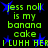 Green pixelated text on black background with blue starbursts, repeating 'jess noll is my banana cake' and 'ILUHH HER' in a pattern