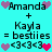 Two identical pixel art on cyan background show Amanda and Kayla as besties with heart and <3 symbols, alternating between pink and purple heart colors