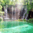 Pixelated landscape with waterfall and greenery on left, bright pink background with green text 'Kate' on right.