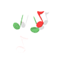 Animated sequence of red and green musical notes with varying sizes, positions, and shadows on a white background.