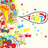 Pixelated image with four quadrants: top-left shows colorful abstract shapes and a tennis racket, top-right red background with green text, bottom-left red background with green text, bottom-right gray background.