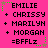 A bright pink background displays three identical of text with green star accents, each containing names and a 'BFFLz' tag