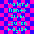 Pixelated of names on pink and blue checkered background with cyan text