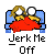 Pixel art buddy icon showing two cartoon figures under a red blanket on a blue bed with text "Jerk Me Off" below, displayed as a 2-frame contact sheet.