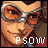 Pixelated character face with orange-tinted goggles, smiling expression, and changing text below the face.