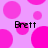 Pixelated pink polka dots on light purple background with four instances of the text 'Brett' in black pixel font.