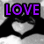 A black-and-white image of hands forming a heart shape with a purple 'LOVE' text overlay in the top-left corner.