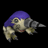 A pixelated Digimon character with purple hair and gray body in a running pose on the left, next to "Anime IM" text above "COM" text on the right, all against black background.