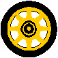 Three circular yellow and black wheel icons with varying spoke patterns on a gray background.