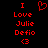 Red pixelated text and symbols on black background: 'I Love Julie Defio <3' with a heart symbol above 'I'.