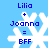 Blue background with white snowflake icons displaying text 'Lilia + Joanna = BFF' in blue pixelated font across four identical