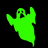 Green ghost-shaped figure with arms raised, displayed in four distinct color variations across a black and gray background.