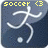 Pixelated soccer-themed icon showing a white stick figure kicking a ball, with 'soccer' text in yellow-green above on left and green on right.