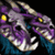 Pixelated purple and white skull with yellow eyes and blue smoke-like background, static image.