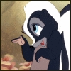 Pixelated cartoon character with dark blue fur, white facial markings, and a red gem on its chest, holding a golden object against a brown background.