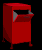 Red cabinet with open drawer showing white papers, transitioning to closed drawer with visible handle.