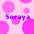 A static image with a light pink background covered in overlapping bright pink circles of varying sizes, featuring four instances of the text 'Soraya' in purple pixelated font.