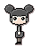 Pixel art character with dark gray hair in two buns and a single bun, wearing black skirt and white shirt, shown in standing, running, and side-facing poses.