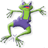 Pixelated green frog wearing purple overalls, arms outstretched in a dancing pose with red mouth and blue eyes.