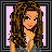 Pixelated character with long brown curly hair, wearing a blue top and black pants against pink background.