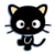 Pixelated black cat icon with large white eyes, brown nose, yellow inner ears, and a curved tail.
