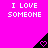 Bright pink background with repeated white pixelated text "I LOVE SOMEONE" and black triangular shapes containing purple hearts.