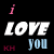 Pixelated text on black background: pink lowercase 'i', large white 'LOVE' with gray outline, light blue 'YOU', and maroon 'KH'.