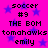 Pixelated text on a bright pink background with blue stars, displaying repeated phrases in black block letters.
