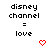 Pixelated text 'disney channel' above '=' and 'love', with red heart icons below each side on white background.