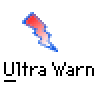 A static contact sheet showing two identical frames of a pixelated red and blue lightning bolt icon with "Ultra Warn" text below each, set against a gray background with "badass buddy .com" in the top-right corner.