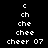 Pixelated text sequence 'c ch che chee cheer 07' displayed in white on four distinct background colors: black, brown, orange, and dark brown.