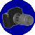 Pixelated image of a gray and black camera on a solid blue circular background with a light gray border.